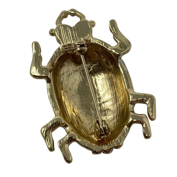 Two Tone Silver Gold Beetle Insect Brooch Pin Clear Rhinestones Green Eyes - Picture 3 of 4